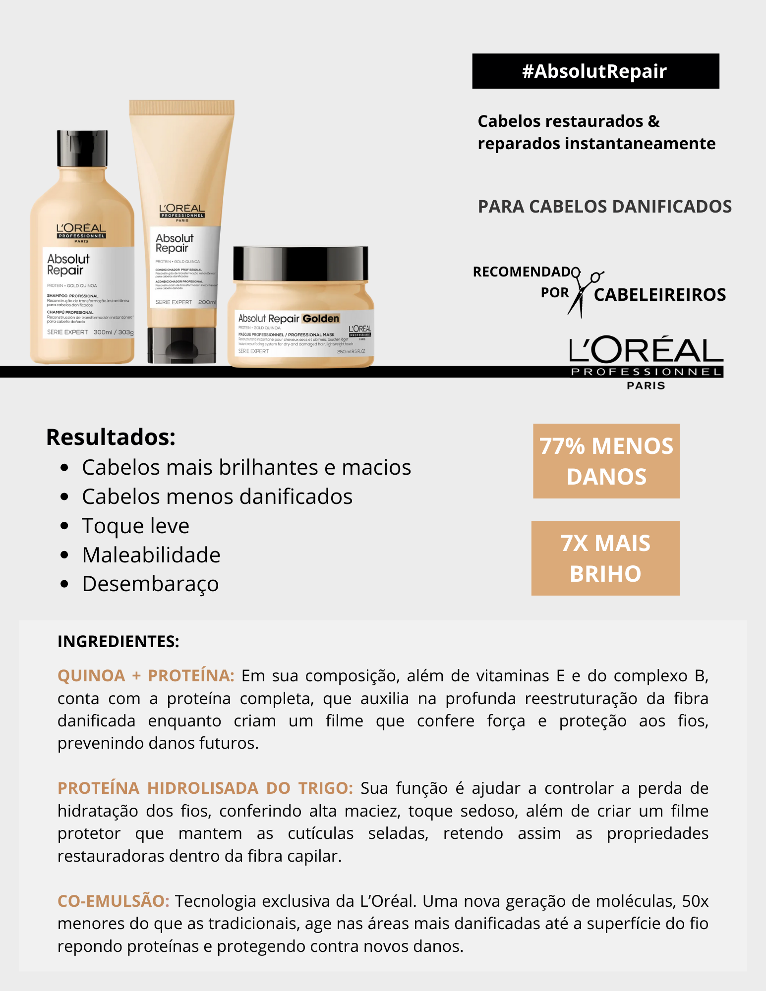Produto  - Shampoo ABSOLUT REPAIR SERIE EXPERT L'ORÉAL PROFESSIONNEL 300ml - Condicionador ABSOLUT REPAIR SERIE EXPERT L'ORÉAL PROFESSIONNEL 200ml - Máscara ABSOLUT REPAIR GOLDEN SERIE EXPERT L'ORÉAL PROFESSIONNEL 250g