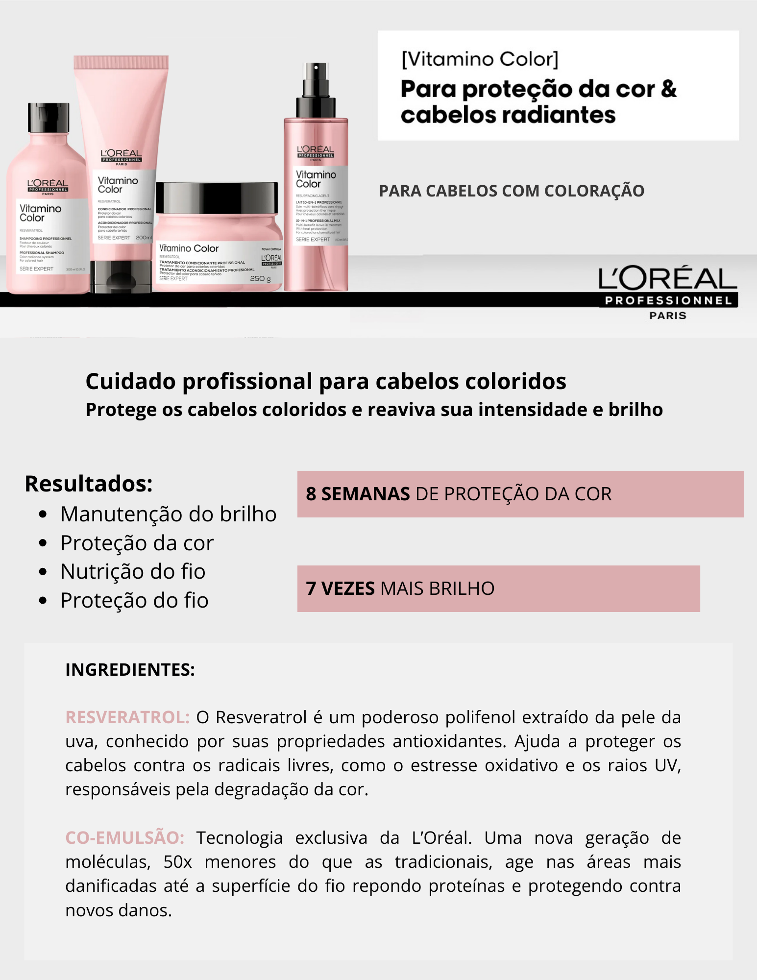 Produto  - Shampoo VITAMINO COLOR SERIE EXPERT L'ORÉAL PROFESSIONNEL 300ml - Condicionador VITAMINO COLOR SERIE EXPERT L'ORÉAL PROFESSIONNEL 200ml - Máscara VITAMINO COLOR SERIE EXPERT L'ORÉAL PROFESSIONNEL 250g - Leave in VITAMINO COLOR SERIE EXPERT L'ORÉAL PROFESSIONNEL 150ml