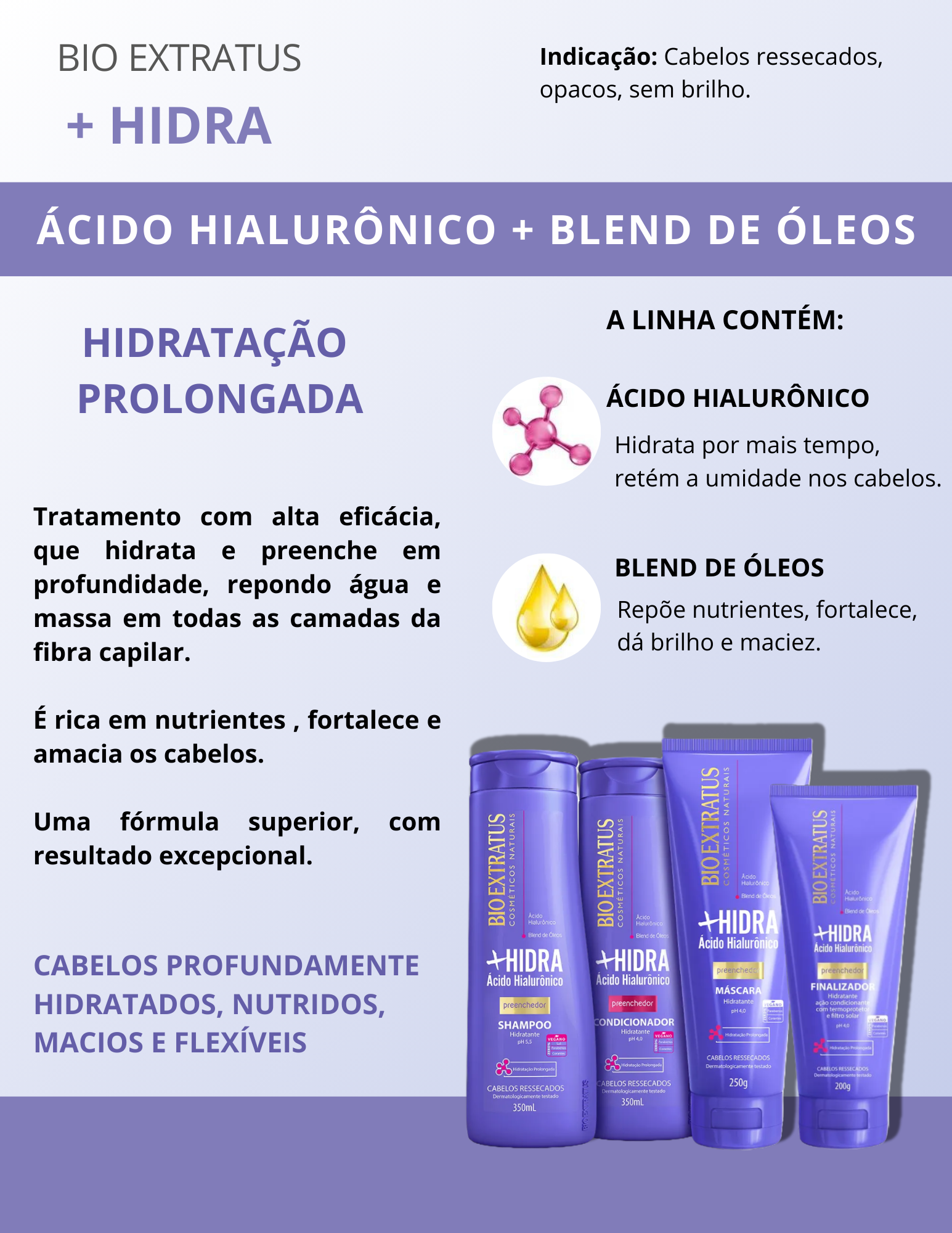 Produto  - Shampoo +HIDRA BIO EXTRATUS 350ml - Condicionador +HIDRA BIO EXTRATUS 350ml - Máscara +HIDRA BIO EXTRATUS 250g - Finalizador +HIDRA BIO EXTRATUS 200g